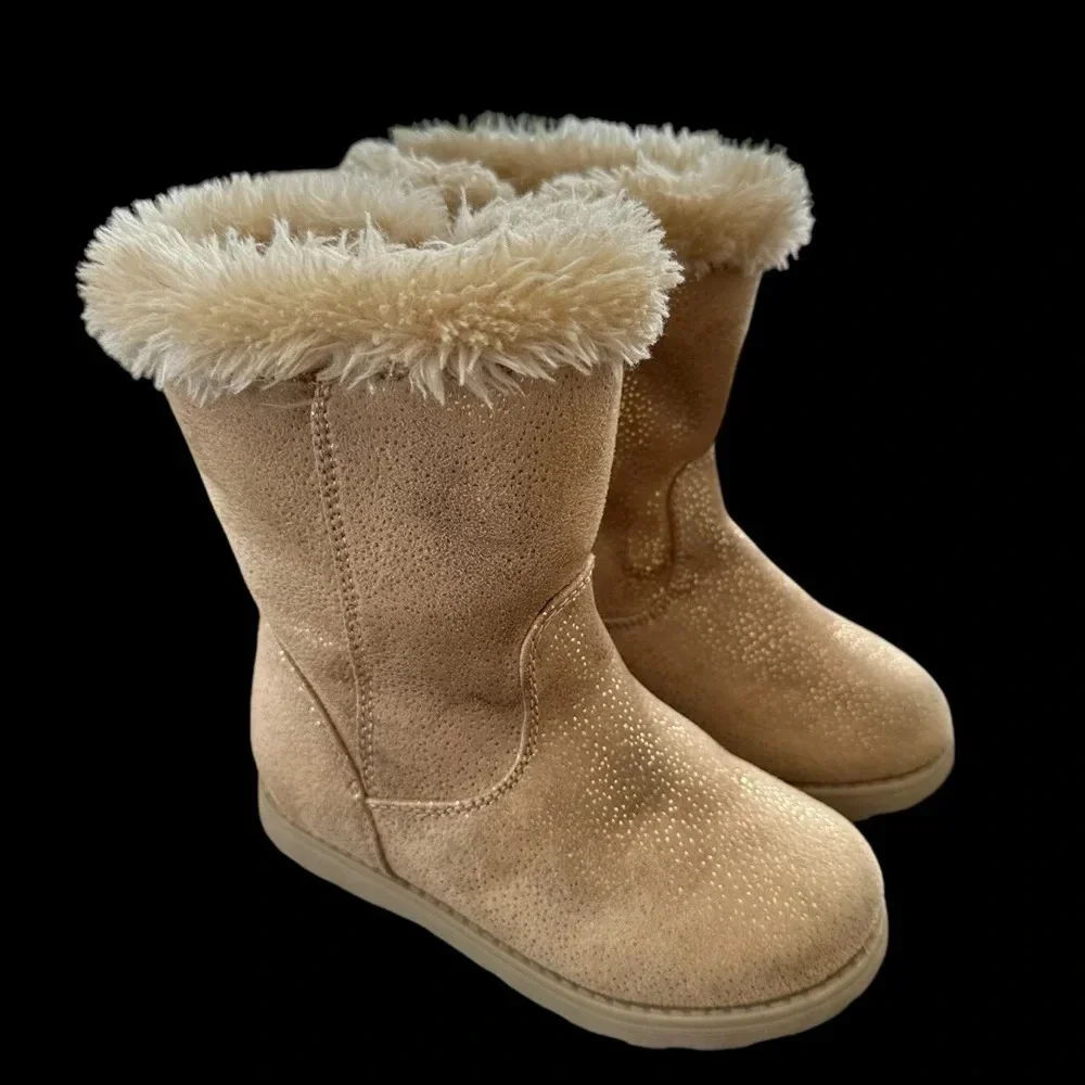 Cat & Jack girls size 9 Leah Gold Glitter Fur Lined Boots Brown Zip Up Winter